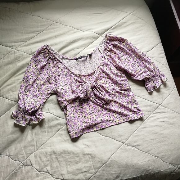 VERO MODA Purple Kimmie Floral Tie Front Top Cottagecore Peasant top XS - Picture 6 of 13